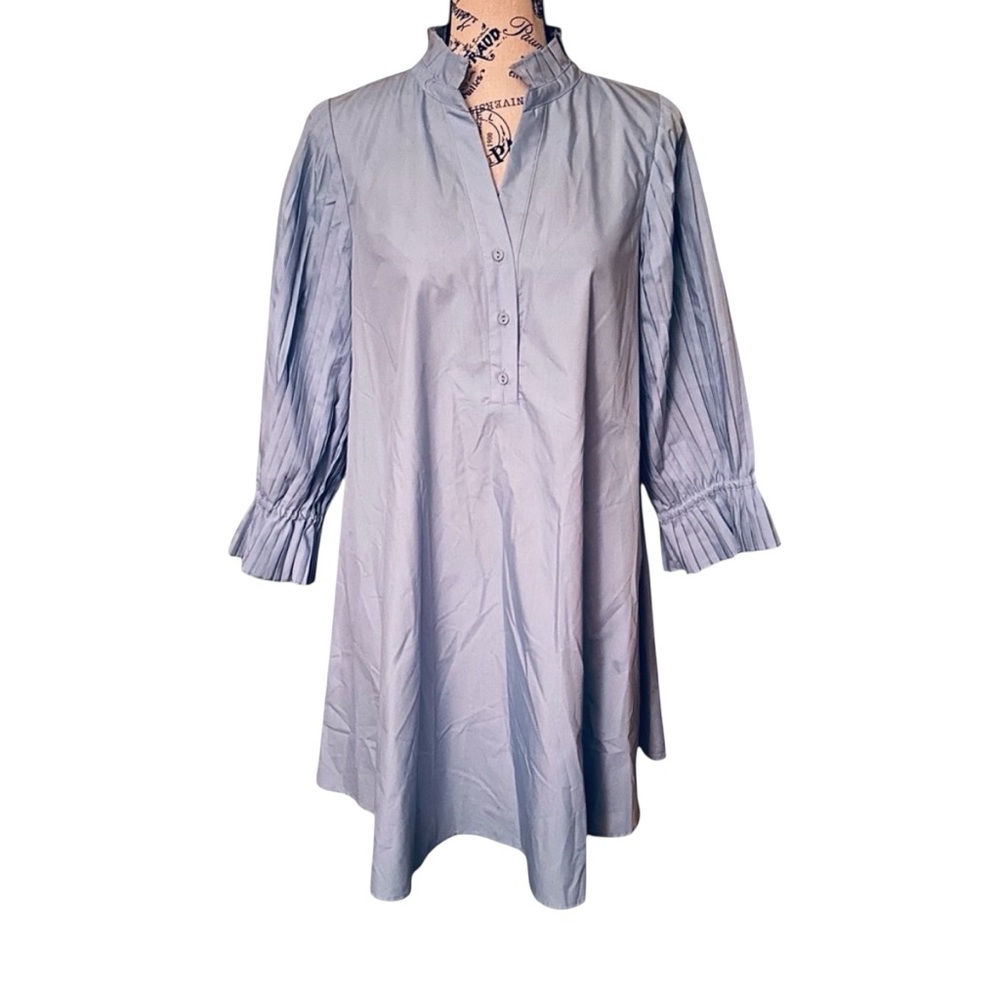 THML Mini Swing Dress Small Icy Baby Blue Poplin Pleated 3/4 Sleeve A Line NWOT - Picture 3 of 15
